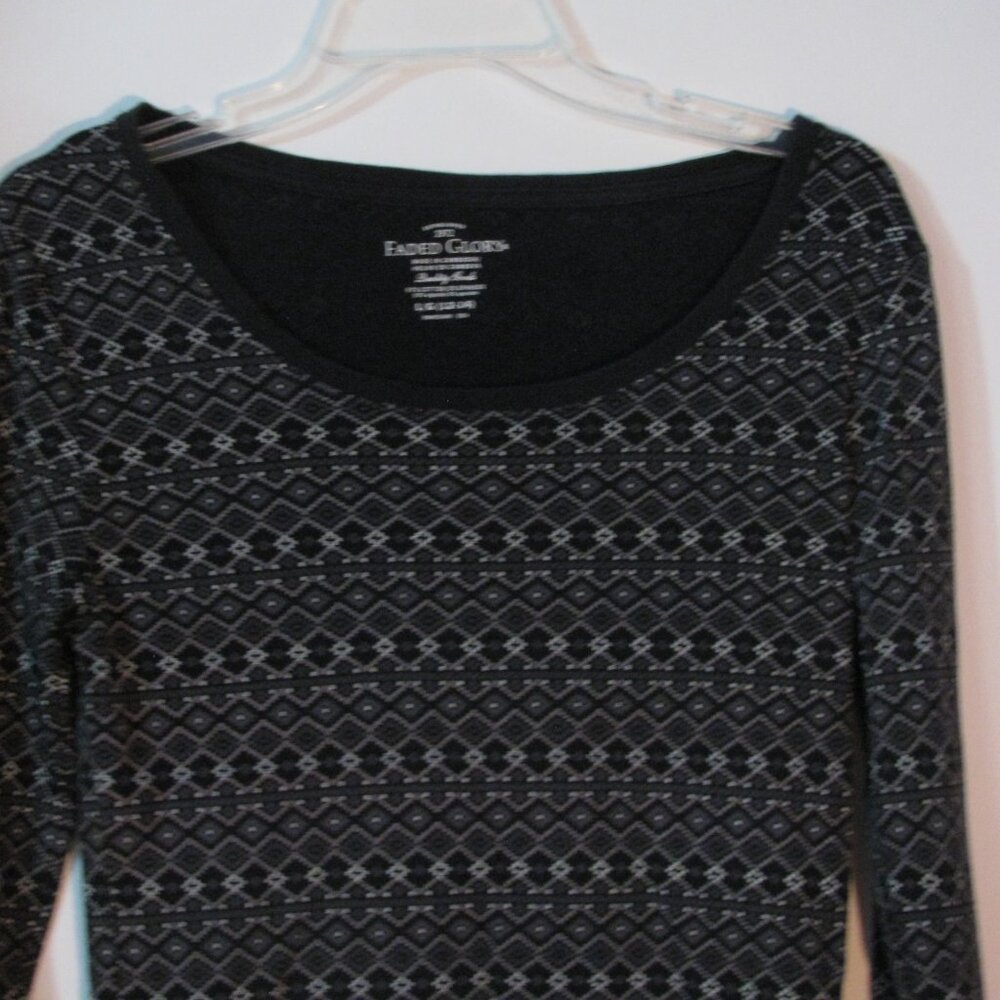* Faded Glory Shirt Large 12 14 EUC Black with White Gray Geometric - Picture 2 of 3